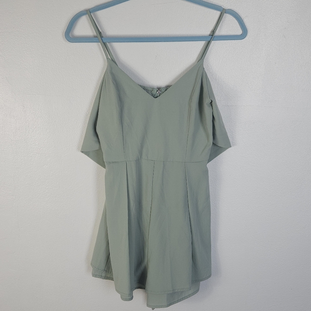 Blue Blush Sage Green Cold Shoulder Romper Tie Waist Zipper Front Size S